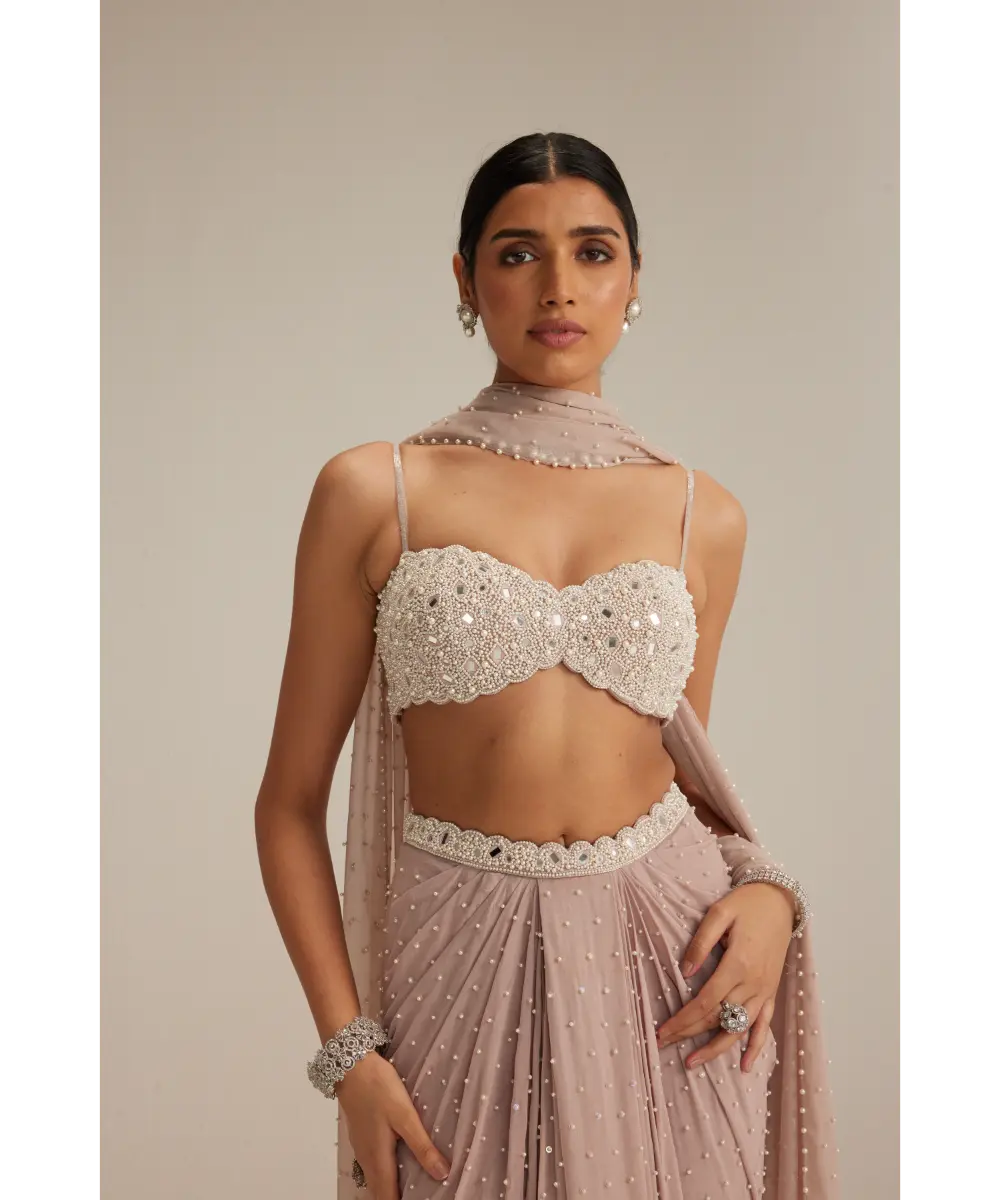 VVANI VATS- Ash pink Pearl Scattered draped skirt set